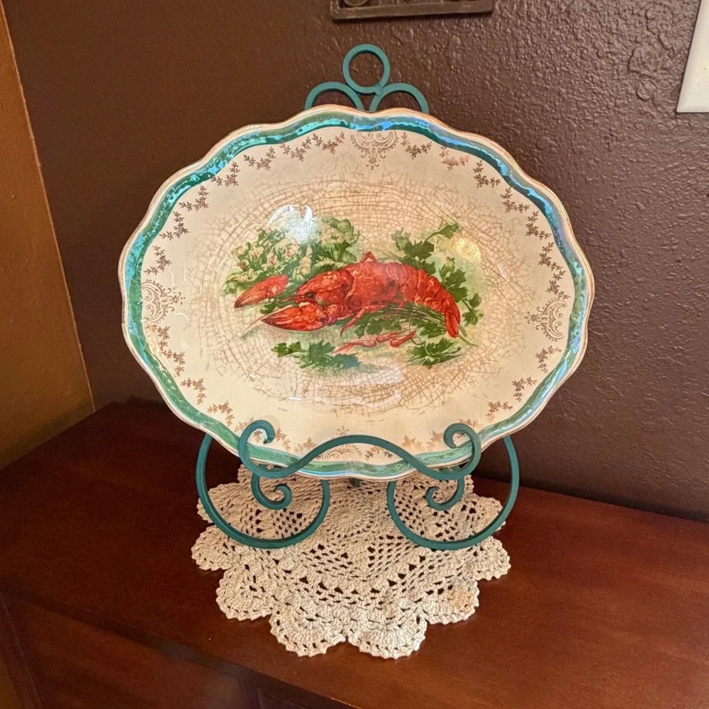 Vintage Sterling China Lobster Oval Serving Platter Scalloped Turquoise Gold 13